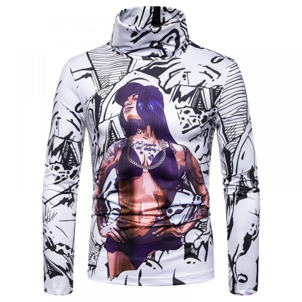 New Men's Large Size 3D Muscle Girl Print High Neck Long Sleeve T-Shirt Base Shirt - Image 4