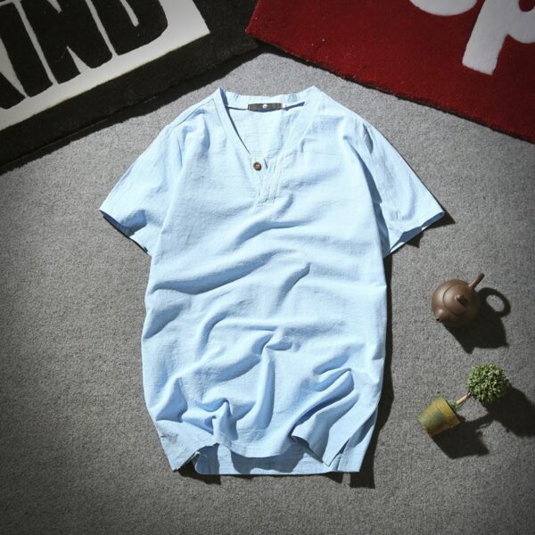 New Year New Cotton and Linen Summer Short-Sleeved T-Shirt Men's Retro V-Neck Large Size Men's Thin T-Shirt - Image 2