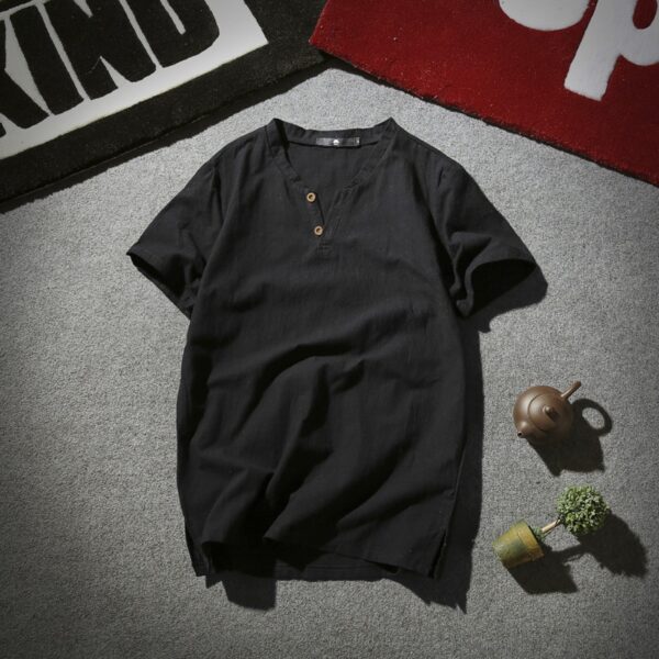 New Year New Cotton and Linen Summer Short-Sleeved T-Shirt Men's Retro V-Neck Large Size Men's Thin T-Shirt - Image 3