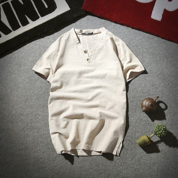 New Year New Cotton and Linen Summer Short-Sleeved T-Shirt Men's Retro V-Neck Large Size Men's Thin T-Shirt - Image 4