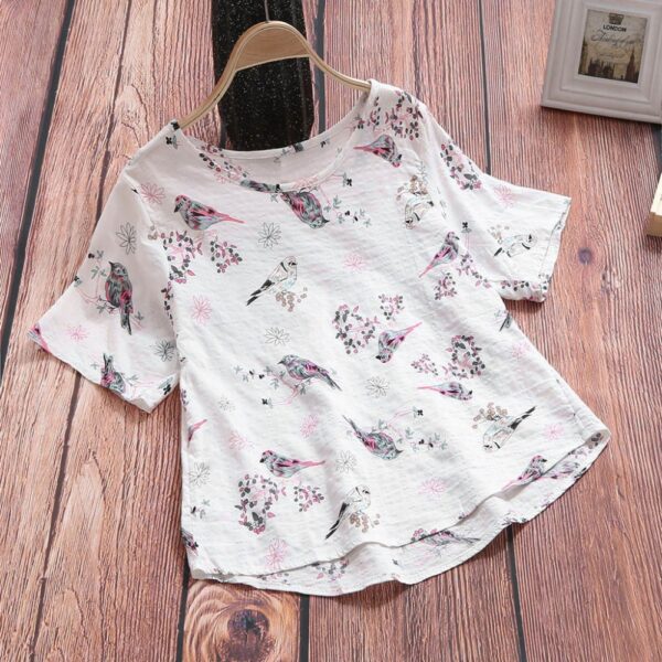 Retro Cotton and Linen Printed Short-Sleeved Casual Loose T-Shirt Women - Image 2