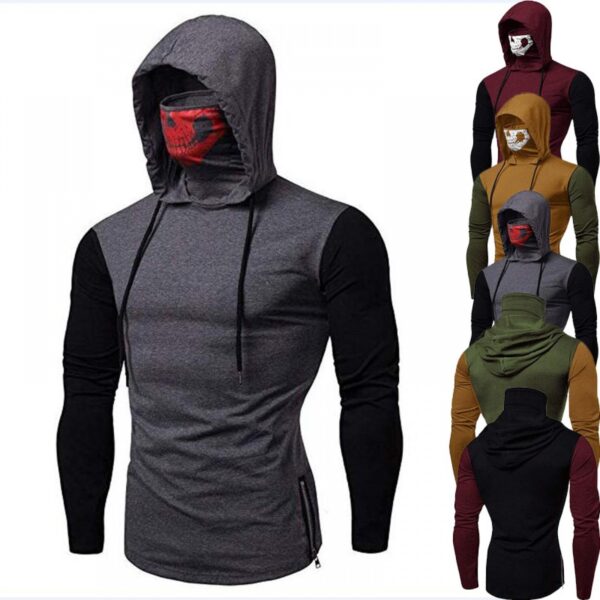Men's Fashion Hooded High Collar Skull Stitching Long-Sleeved T-Shirt Men's Long-Sleeved T-Shirt - Image 4