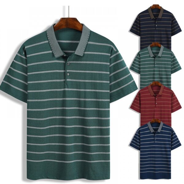 New Summer Men's Hooded Striped Lapel T-Shirt Men's Lapel Short Sleeve Generation - Image 2