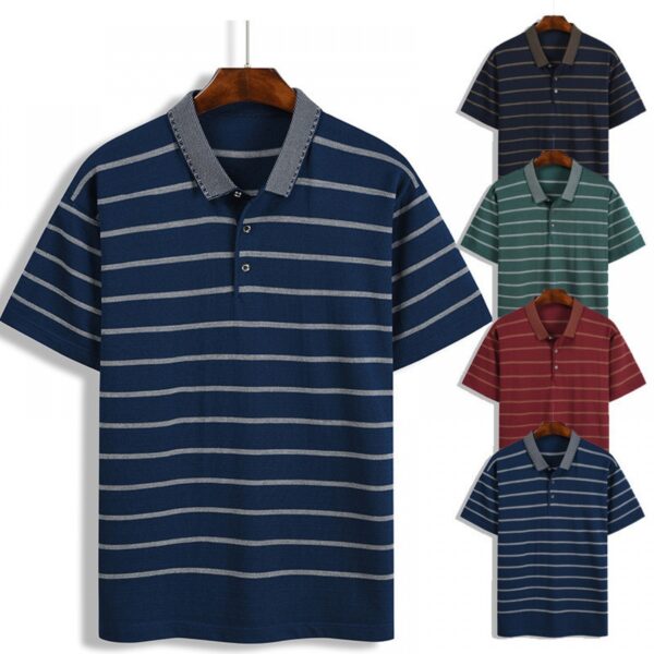 New Summer Men's Hooded Striped Lapel T-Shirt Men's Lapel Short Sleeve Generation - Image 4