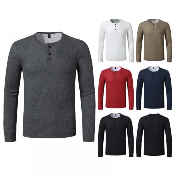 New Hollow Men's Autumn and Winter Long-Sleeved Bottoming Waffle Henry Collar T-Shirt - Image 2