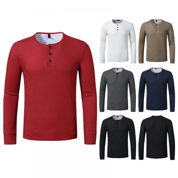 New Hollow Men's Autumn and Winter Long-Sleeved Bottoming Waffle Henry Collar T-Shirt - Image 3