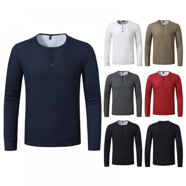 New Hollow Men's Autumn and Winter Long-Sleeved Bottoming Waffle Henry Collar T-Shirt - Image 4