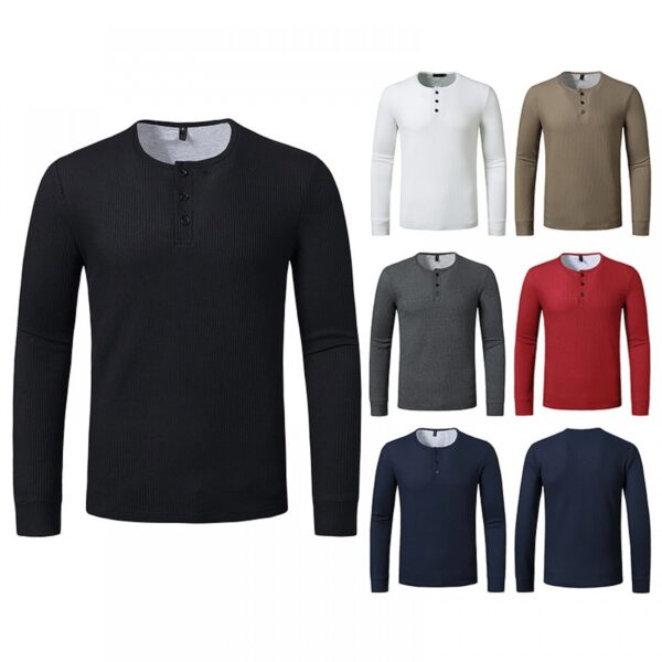 New Hollow Men's Autumn and Winter Long-Sleeved Bottoming Waffle Henry Collar T-Shirt - Image 5