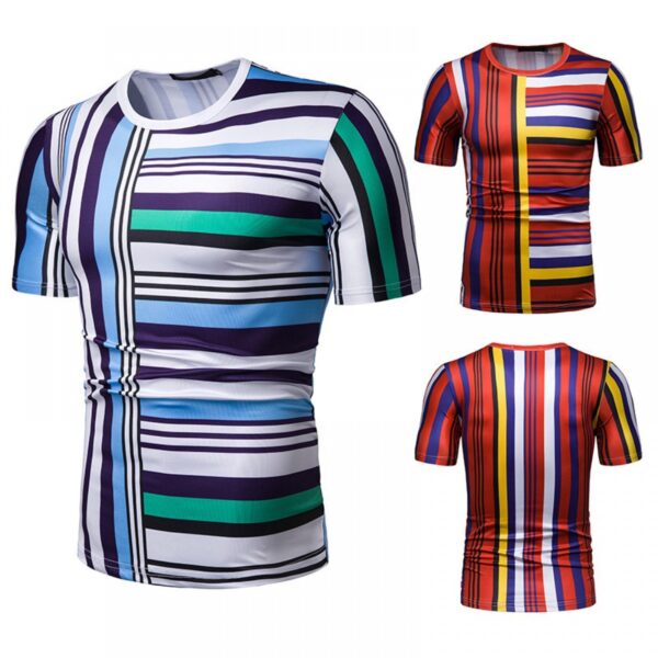 New Summer Men's Short-Sleeved T-Shirt Mens Contrast Striped Slim Casual T-Shirts - Image 2
