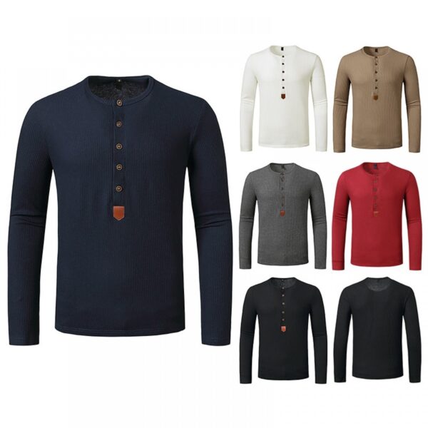 Men's Autumn and Winter Long-Sleeved Bottoming Waffle Henry Collar T-Shirt - Image 2