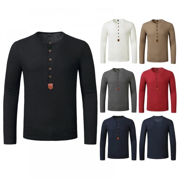 Men's Autumn and Winter Long-Sleeved Bottoming Waffle Henry Collar T-Shirt - Image 3