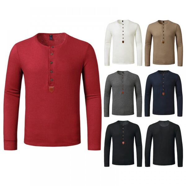 Men's Autumn and Winter Long-Sleeved Bottoming Waffle Henry Collar T-Shirt - Image 4