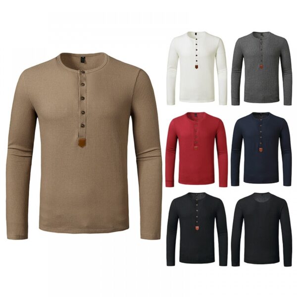 Men's Autumn and Winter Long-Sleeved Bottoming Waffle Henry Collar T-Shirt - Image 5