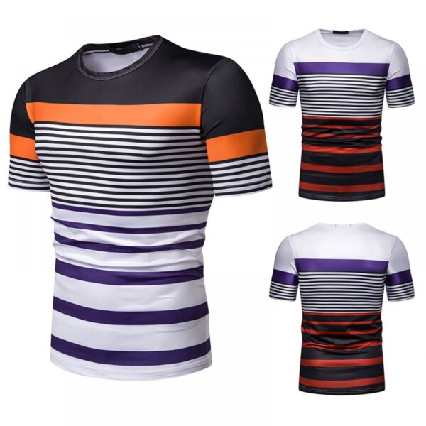 New Summer Men's Short-Sleeved T-Shirt Mens Contrast Striped Slim Casual T-Shirt - Image 2