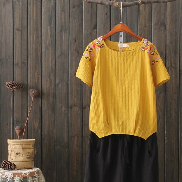 Summer New Ethnic Style Cotton and Linen Women's Tops Wild Literary Embroidery Short-Sleeved T-Shirt Women - Image 2