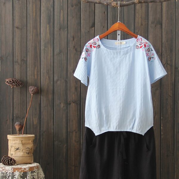 Summer New Ethnic Style Cotton and Linen Women's Tops Wild Literary Embroidery Short-Sleeved T-Shirt Women - Image 3