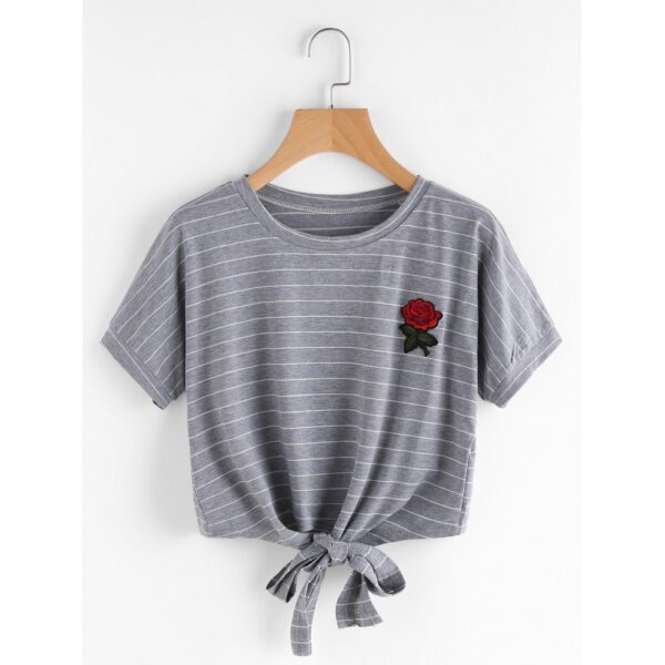 Summer New Style Rose Embroidery Lace All-Match Short T-Shirt Women - Image 2