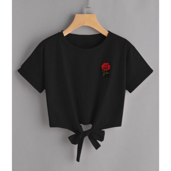Summer New Style Rose Embroidery Lace All-Match Short T-Shirt Women - Image 3