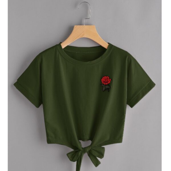 Summer New Style Rose Embroidery Lace All-Match Short T-Shirt Women - Image 4