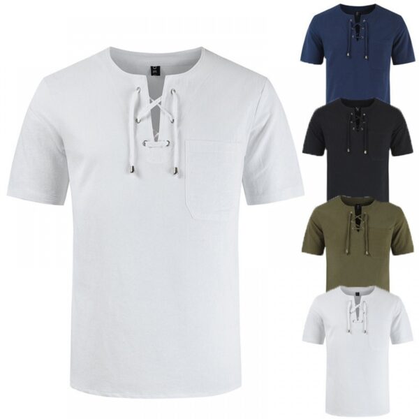 New Summer Men's Casual Street Men's Short-Sleeved T-Shirt Cotton and Linen Lace Casual Fashion - Image 2