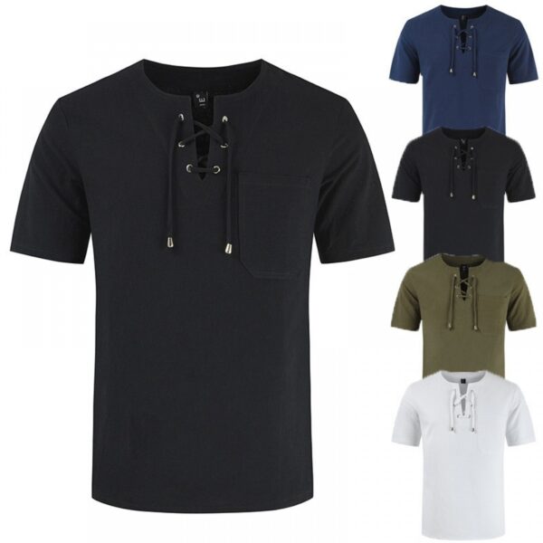 New Summer Men's Casual Street Men's Short-Sleeved T-Shirt Cotton and Linen Lace Casual Fashion - Image 3