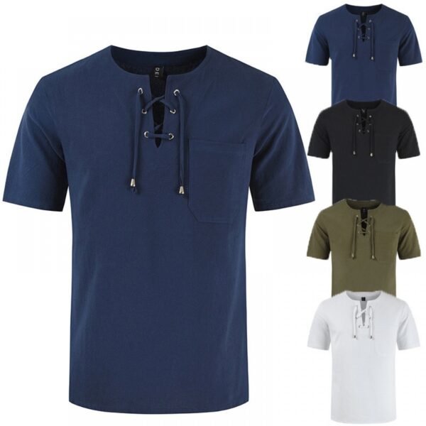 New Summer Men's Casual Street Men's Short-Sleeved T-Shirt Cotton and Linen Lace Casual Fashion - Image 4